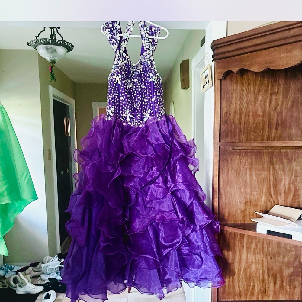 Purple Ruffled Halter Pageant Dress
